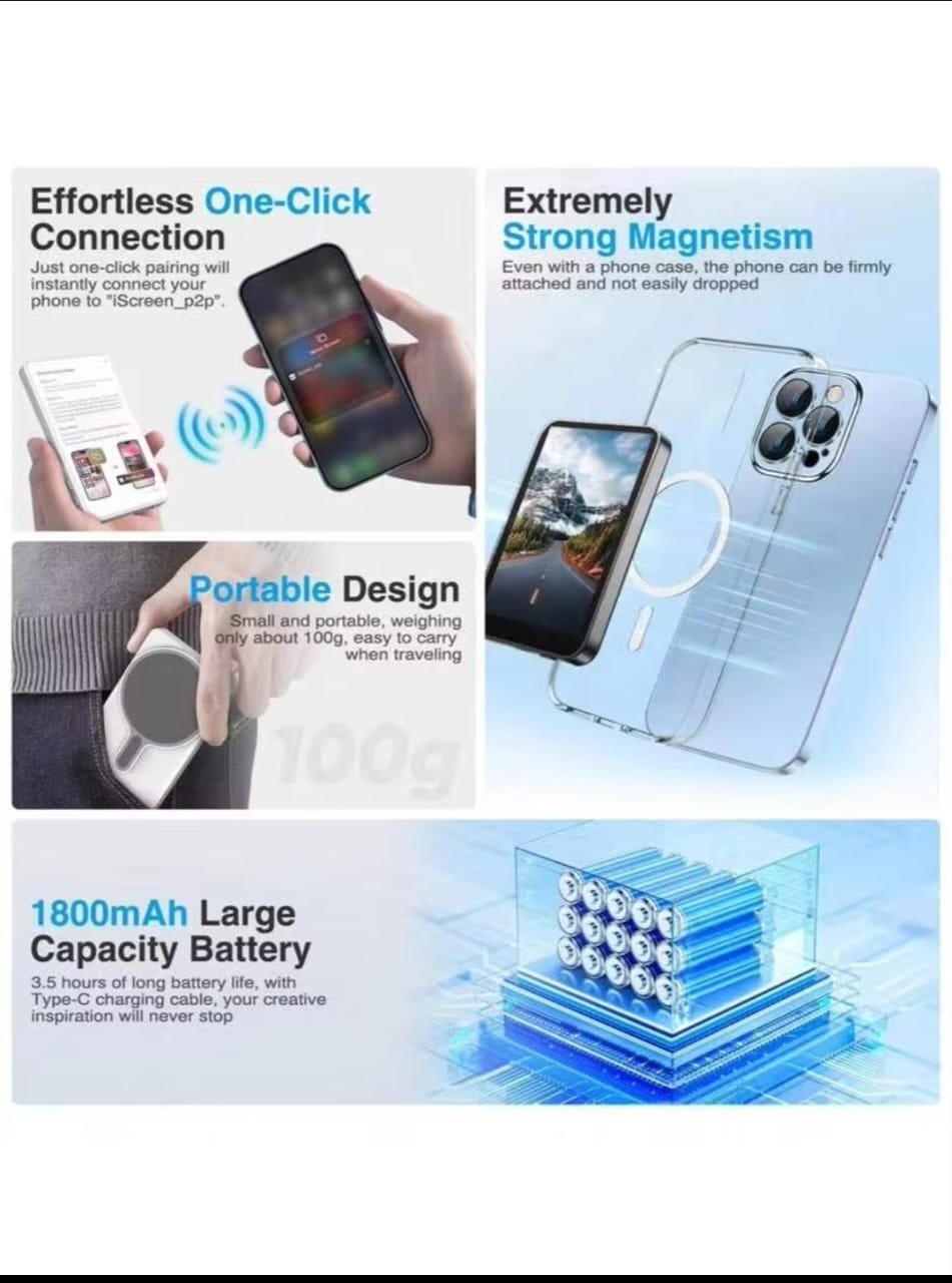 Feature collage showing one click connection, strong magnetism, portable design and 1800mAh battery