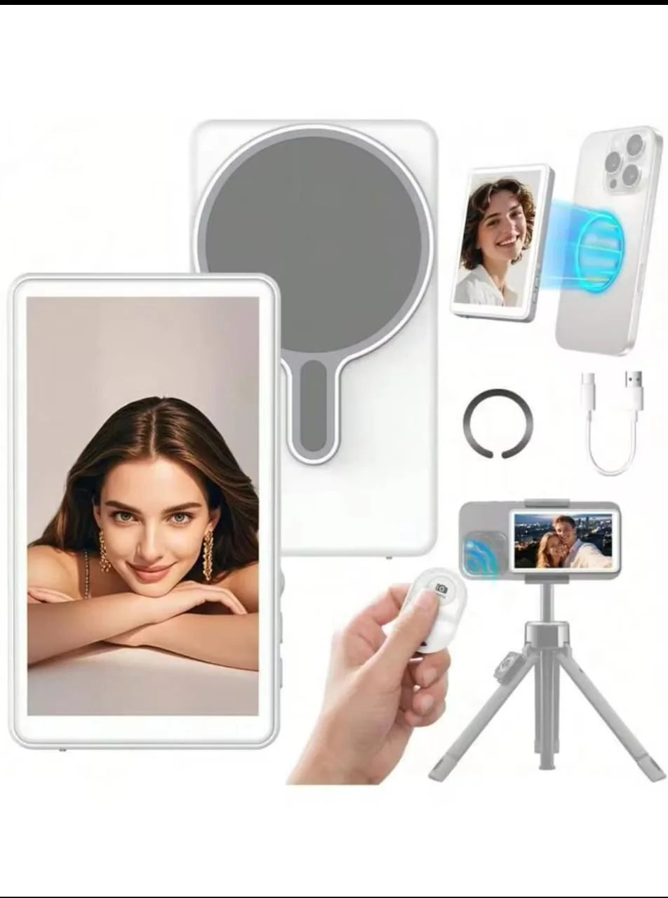 Wireless magnetic selfie monitor with accessories and phone attachment example