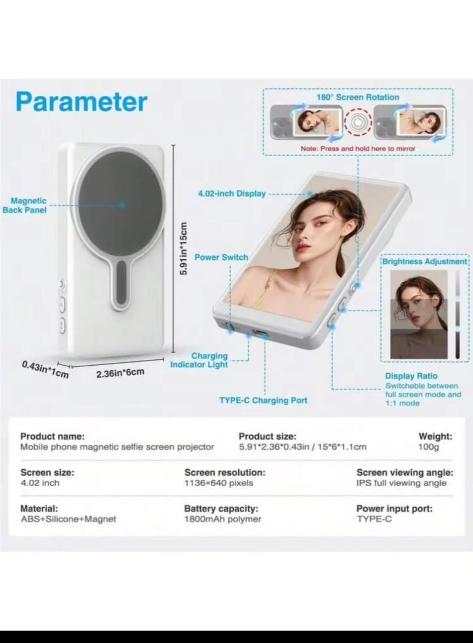 Parameter sheet showing product size, screen size, resolution, battery and controls